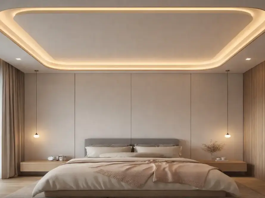 Luxury bedroom false ceiling design with cove lighting and modern minimalist interior