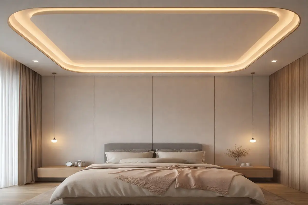 Luxury bedroom false ceiling design with cove lighting and modern minimalist interior