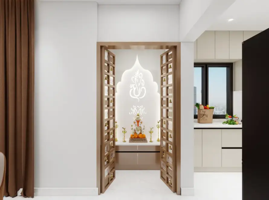 modern crockery unit with pooja unit featuring wooden mandir and backlit panel design
