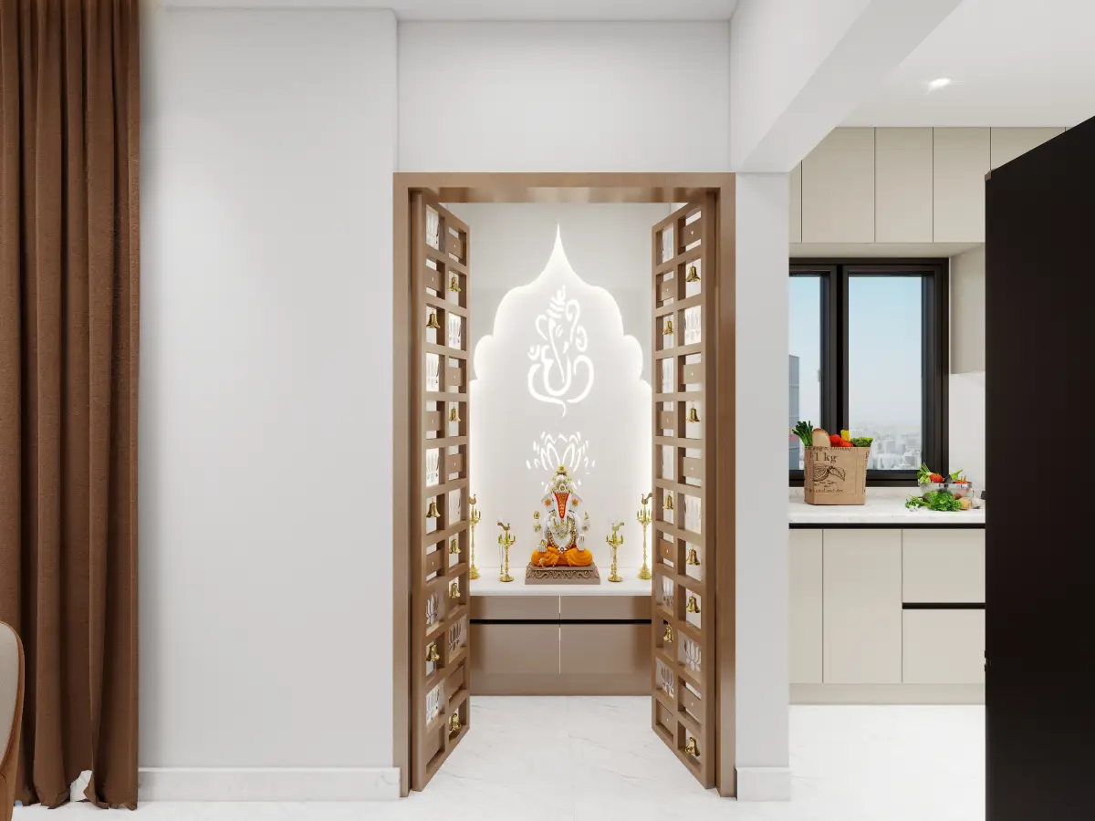 modern crockery unit with pooja unit featuring wooden mandir and backlit panel design