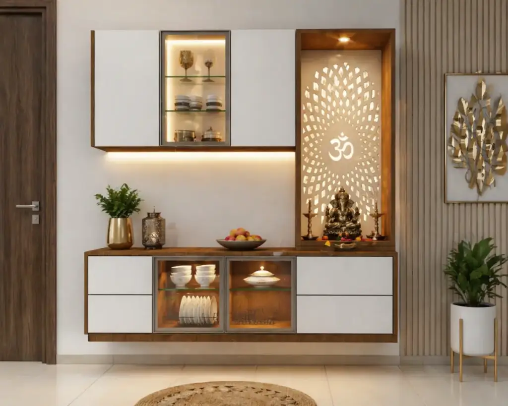 wall mounted compact crockery unit with pooja unit and modern wooden design