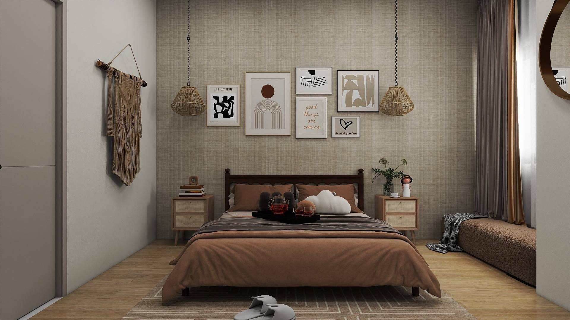 Boho modern bedroom interior with neutral tones, warm lighting, wall art gallery, and cozy bedding