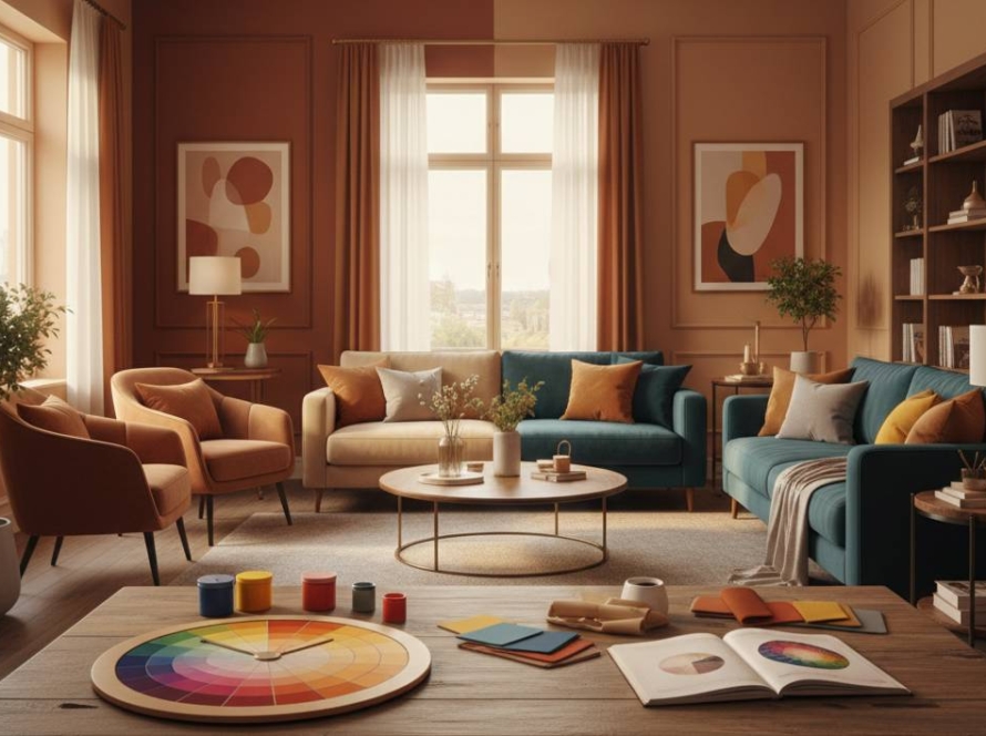 Warm and cool color-themed modern living room with color wheel, fabric swatches, and coordinated interior decor