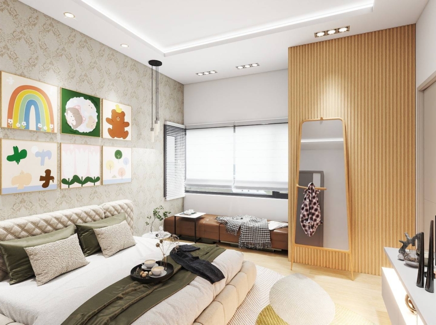 Modern bedroom interior with warm color palette, soft lighting, playful wall art, and natural textures showing how color affects mood