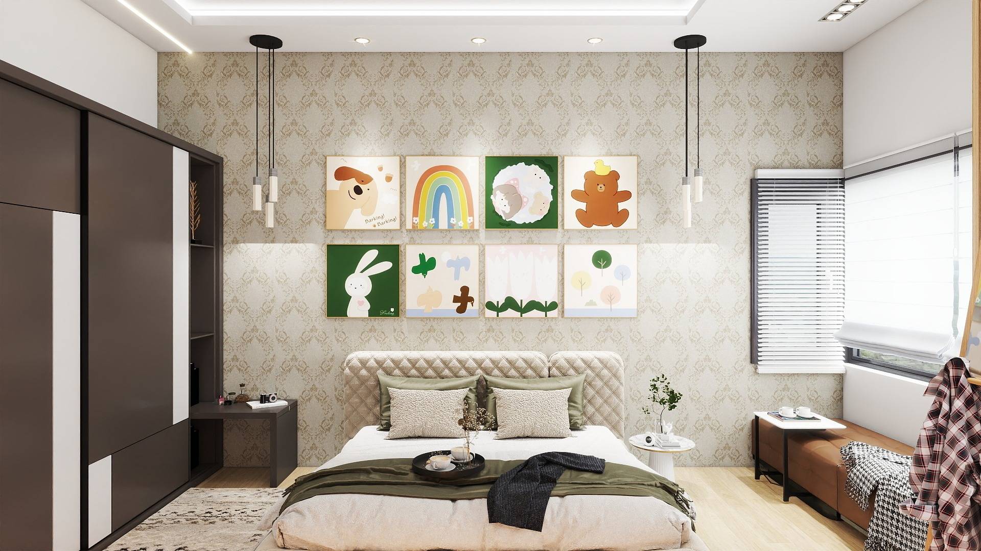 “Modern kids bedroom interior with playful wall art, cozy bed, warm lighting, and stylish wardrobe design