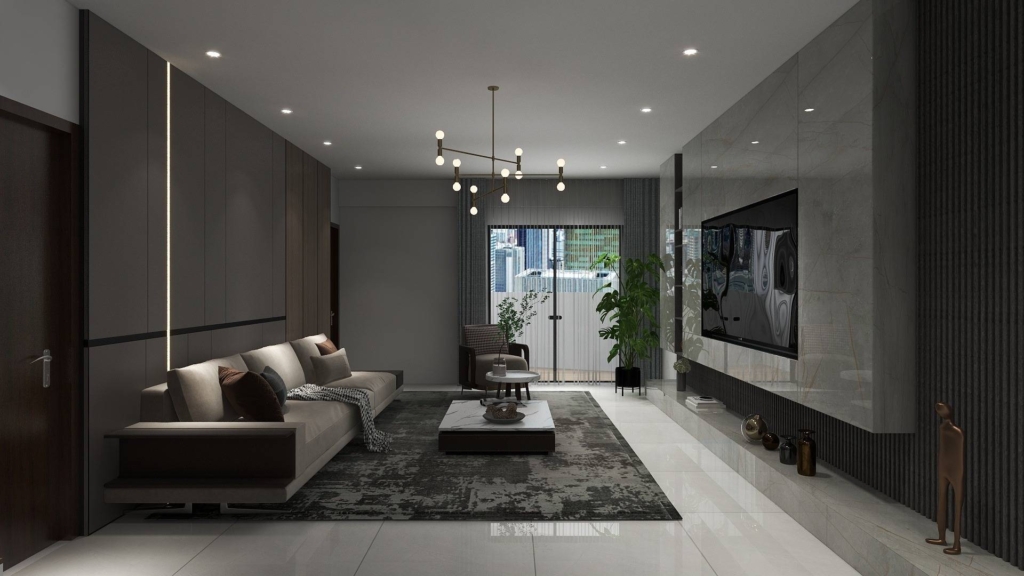 Luxury modern living room interior with a sleek TV wall, elegant chandelier, long sectional sofa, marble flooring, and contemporary decor