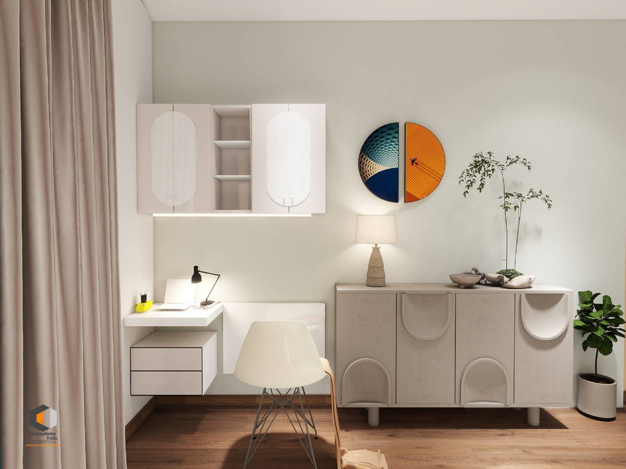 minimal modern home office setup with clean desk, warm lighting, storage cabinet, and indoor plants for a functional work-from-home environment