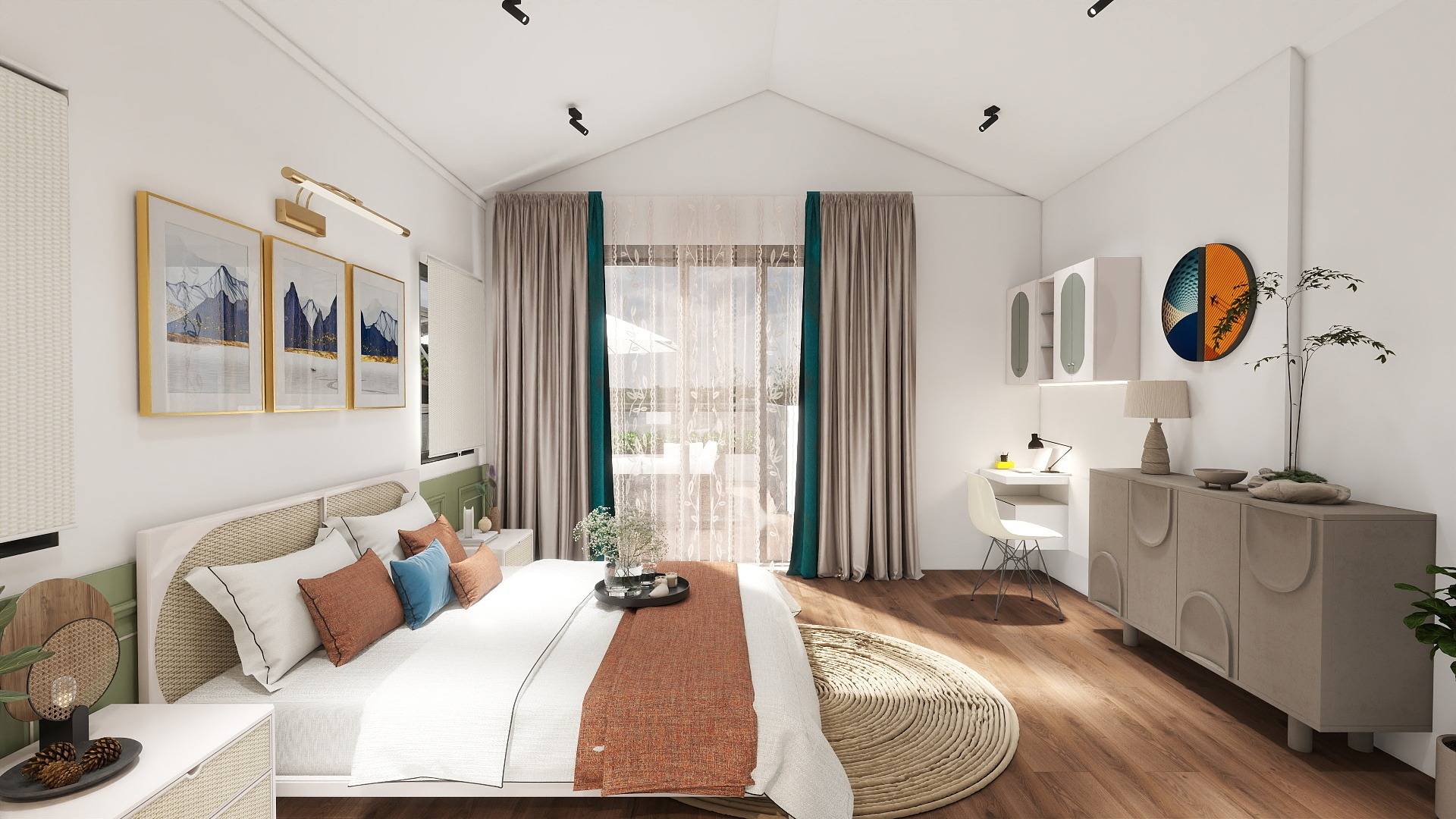 Bright modern bedroom interior design with large windows, cozy bed, elegant decor, and a minimal home workspace.