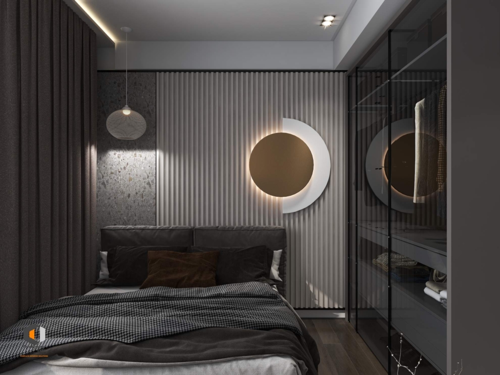 Modern dark-themed bedroom with textured wall panels, circular mood lighting, glass wardrobe, and cozy layered bedding.