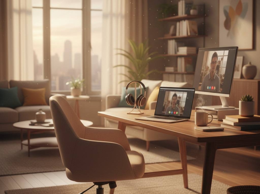 Modern home office setup with ergonomic chair, wooden desk, laptop and monitor, cozy living space, and natural lighting.