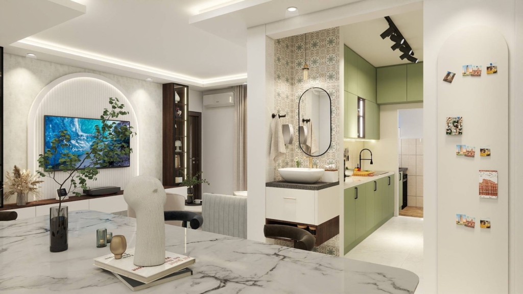 Modern open-plan living, dining, and kitchen interior with green cabinets, marble table, wall-mounted TV, and stylish decor elements.