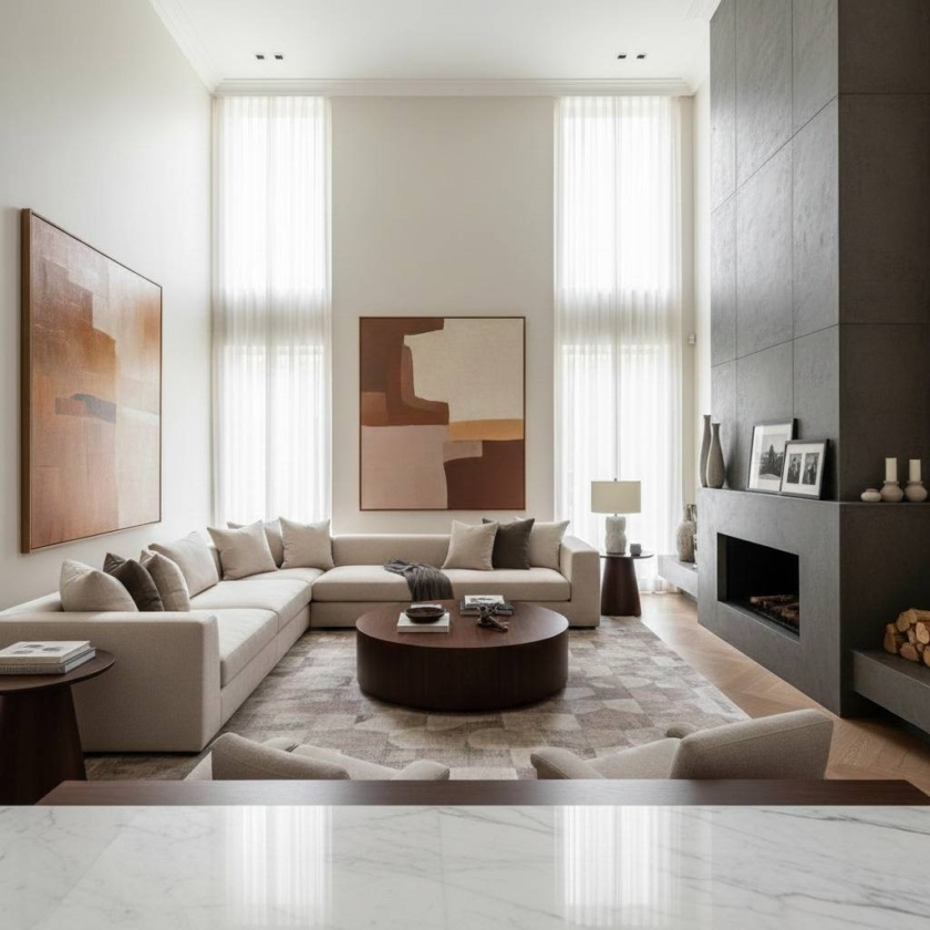 Elegant modern living room showcasing proportion and balance through symmetry, artwork, and warm neutral design