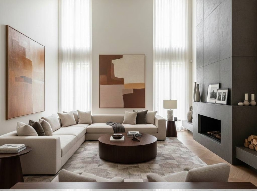 Elegant modern living room showcasing proportion and balance through symmetry, artwork, and warm neutral design
