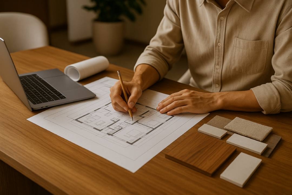 How to Choose the Best Interior Company in Bangalore 1 Interior designer sketching floor plans with material samples, wood textures, and design tools - modern interior design process in Bangalore 2026