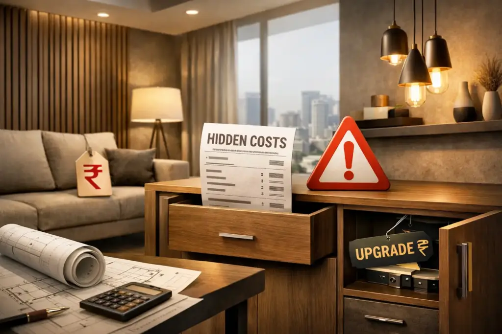 Hidden Charges in Interior Design in Bangalore: What Most Clients Realize Too Late 1 Hidden charges in interior design projects in Bangalore including extra costs for materials, lighting, and civil work