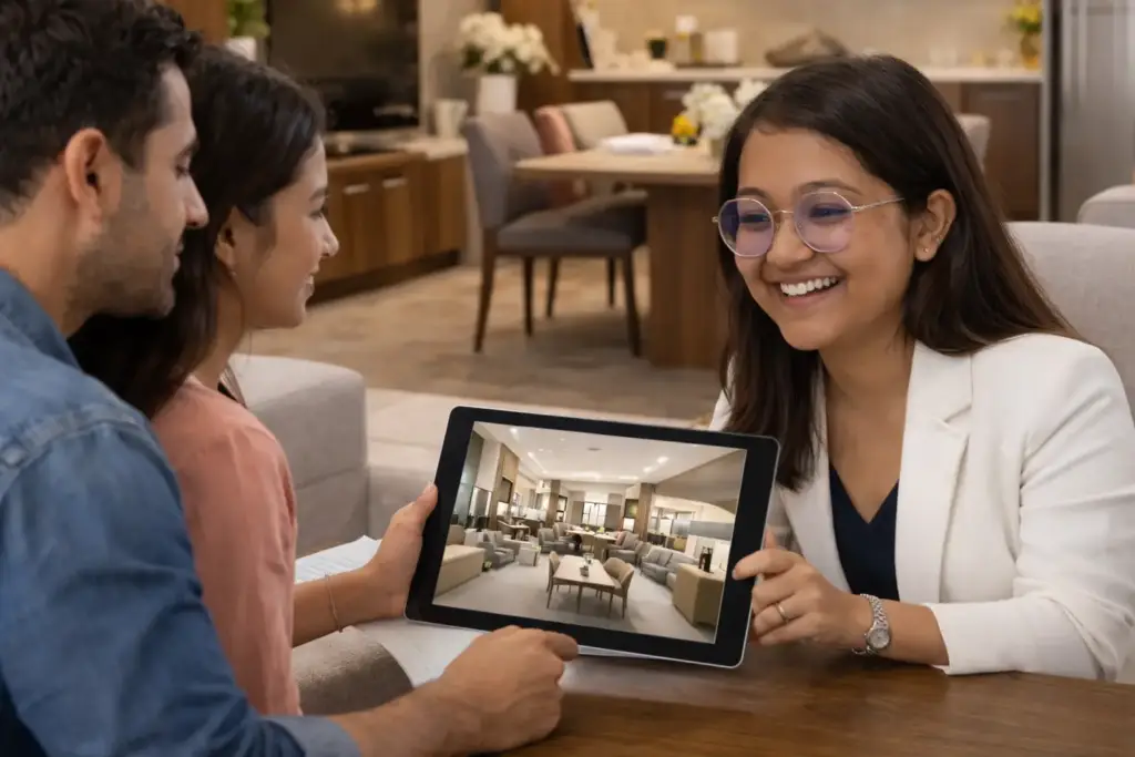 Interior designer presenting 3D home interior designs to homeowners