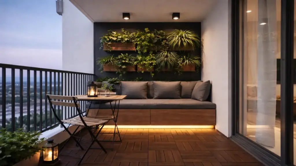 Compact balcony garden design with artificial grass, railing planters and hanging plants