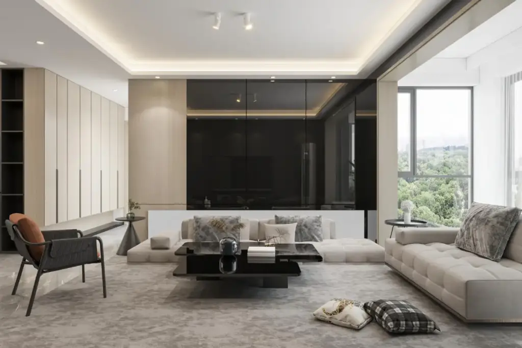 Timeless & Elegant Living Room Design Ideas That Never Go Out of Style (2026 Guide) 1 Neutral living room design with white, beige, and soft gray color palette and subtle accent decor