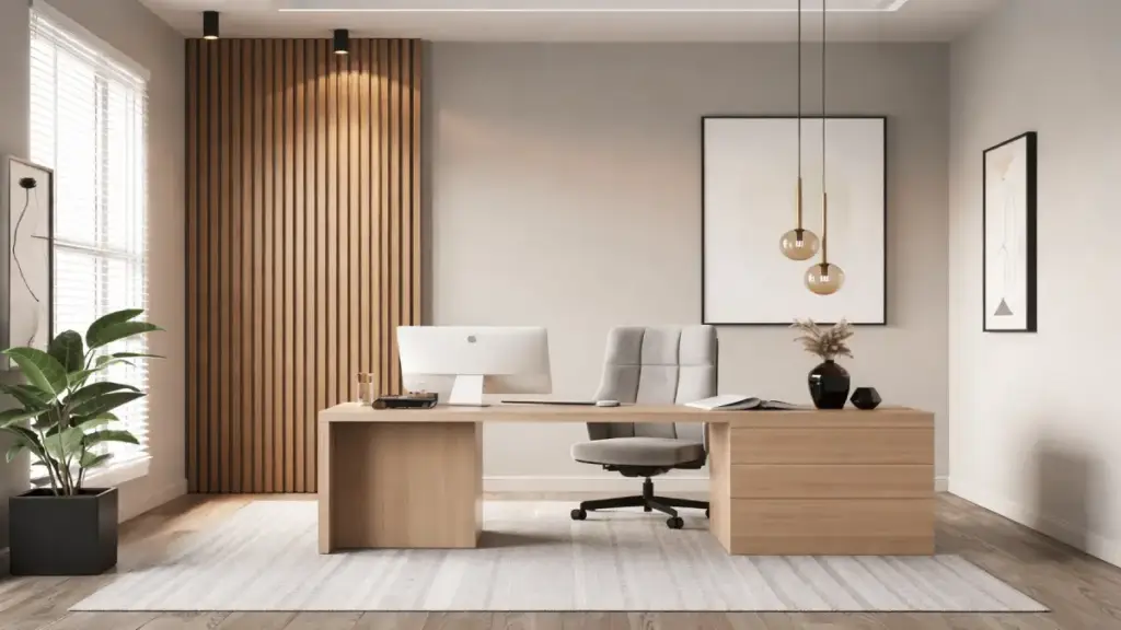 Small Office Wall Design Ideas for Productivity & Focus 1 Architectural back paneling with vertical fluted wall design in a small office